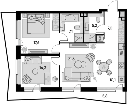 Продажа 3-комнатной квартиры 88,4 м², 6/22 этаж