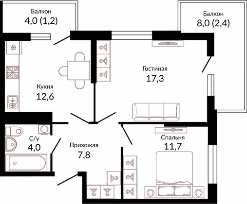 58,2 м², 2-комн. квартира, 3/22 этаж