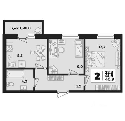Продажа 2-комнатной квартиры 38,5 м², 5/5 этаж