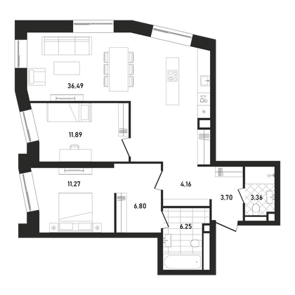 84,1 м², 2-комн. квартира, 6/33 этаж
