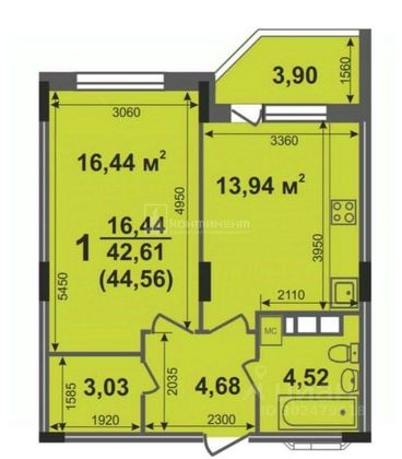 Продажа 1-комнатной квартиры 44,6 м², 9/17 этаж