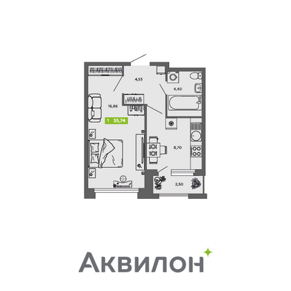 35,7 м², 1-комн. квартира, 2/16 этаж