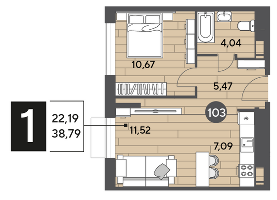 Продажа 1-комнатной квартиры 38,8 м², 2/15 этаж