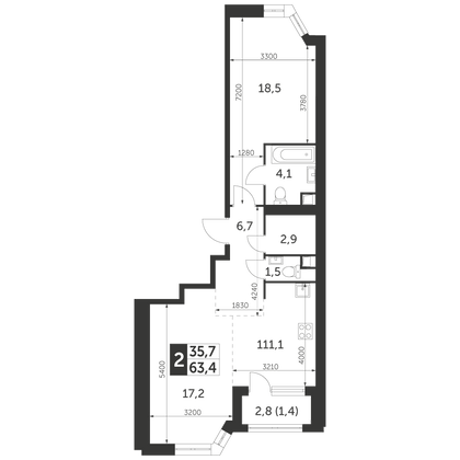 63,4 м², 2-комн. квартира, 30/47 этаж