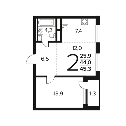 Продажа 2-комнатной квартиры 45,3 м², 11/12 этаж