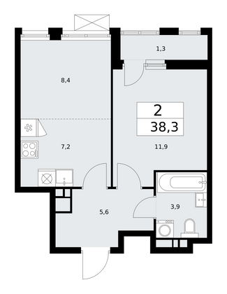 38,3 м², 2-комн. квартира, 14/18 этаж