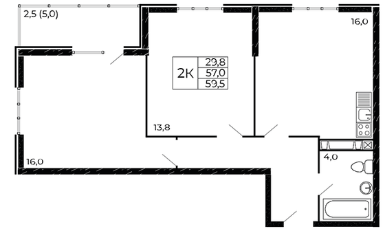 59,5 м², 2-комн. квартира, 6/18 этаж