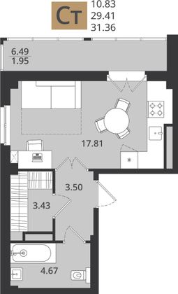 31,4 м², 1-комн. квартира, 4/9 этаж