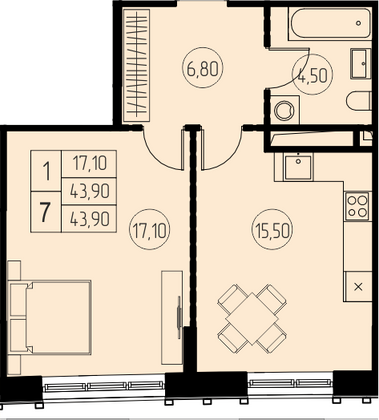 43,9 м², 1-комн. квартира, 26/28 этаж