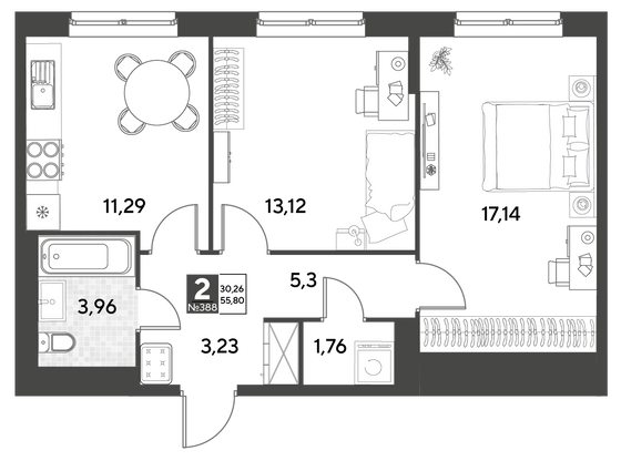 Продажа 2-комнатной квартиры 55,8 м², 2/21 этаж