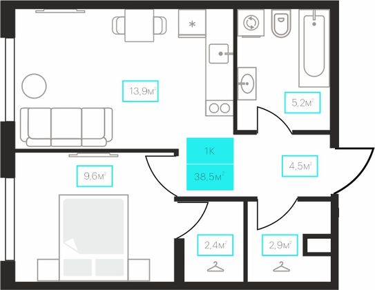 38,5 м², 1-комн. квартира, 3/23 этаж