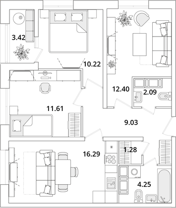 68,9 м², 3-комн. квартира, 16/22 этаж