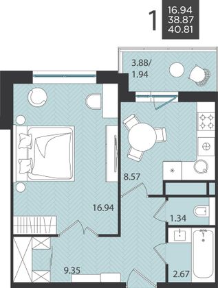 40,8 м², 1-комн. квартира, 9/9 этаж