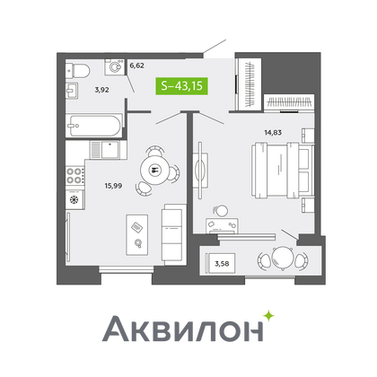 43,2 м², 1-комн. квартира, 9/16 этаж