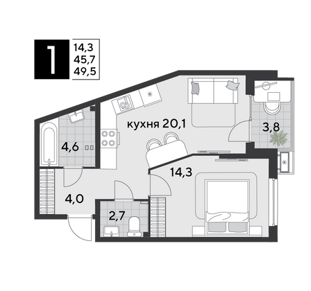Продажа 1-комнатной квартиры 49,5 м², 2/18 этаж