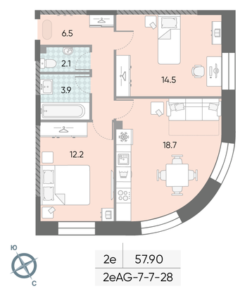 Продажа 2-комнатной квартиры 57,9 м², 26/28 этаж