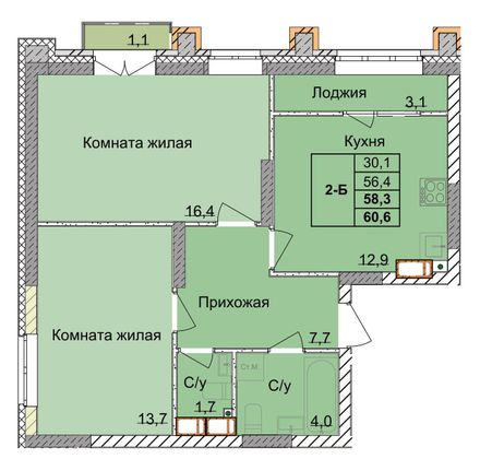 Продажа 2-комнатной квартиры 58,3 м², 2/18 этаж