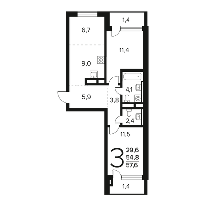 Продажа 3-комнатной квартиры 57,6 м², 7/11 этаж