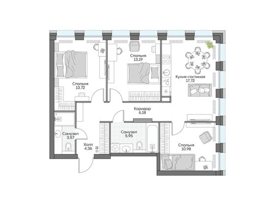 75,6 м², 3-комн. квартира, 2/16 этаж