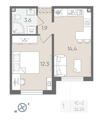 Продажа 1-комнатной квартиры 32,2 м², 2/19 этаж