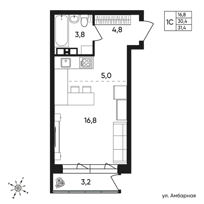 Продажа квартиры-студии 31,4 м², 2/9 этаж