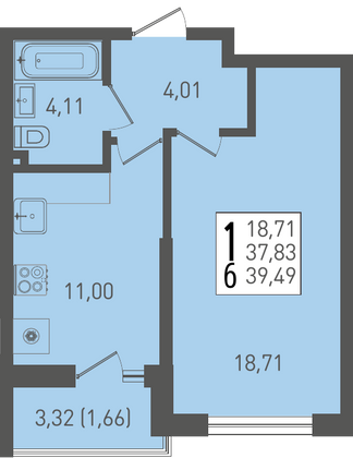 39,5 м², 1-комн. квартира, 2/22 этаж