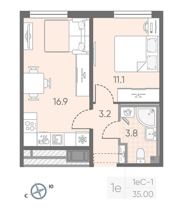 Продажа 1-комнатной квартиры 35 м², 18/25 этаж