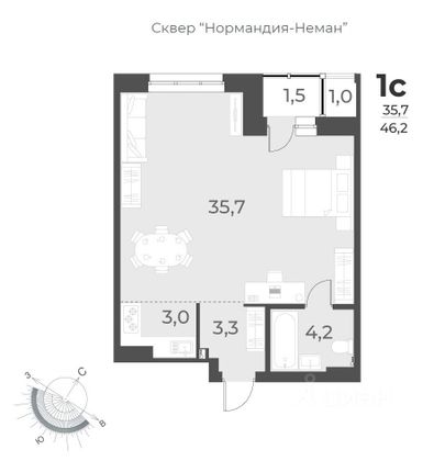 Продажа 1-комнатной квартиры 46,2 м², 9/17 этаж