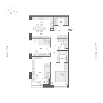 69,2 м², 3-комн. квартира, 11/12 этаж