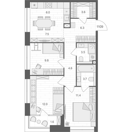 69,2 м², 3-комн. квартира, 11/12 этаж