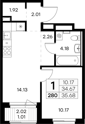 35,7 м², 1-комн. квартира, 1/9 этаж