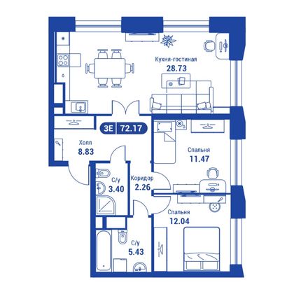 72,2 м², 3-комн. квартира, 16/24 этаж