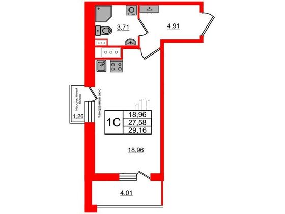 Продажа квартиры-студии 27,6 м², 11/12 этаж