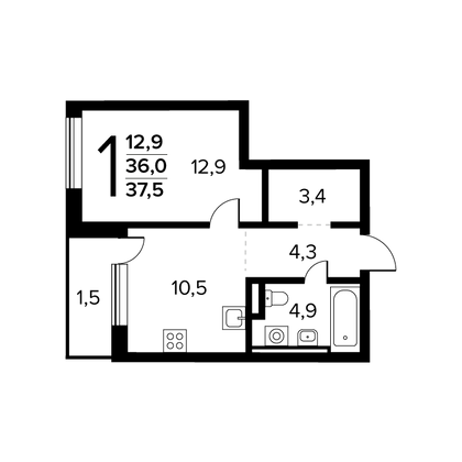 37,5 м², 1-комн. квартира, 2/14 этаж