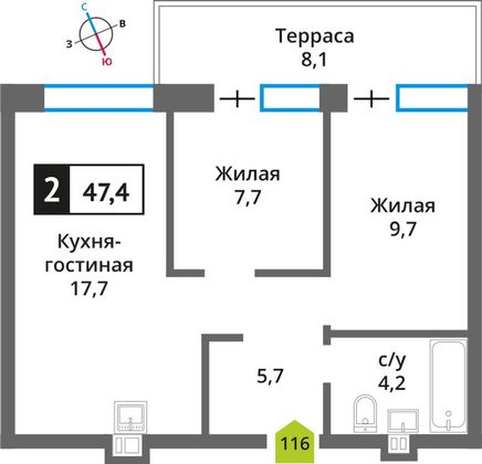 Продажа 2-комнатной квартиры 47,4 м², 1/9 этаж