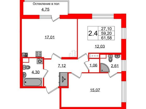 Продажа 2-комнатной квартиры 59,2 м², 2/12 этаж