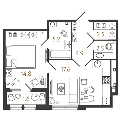 47,5 м², 1-комн. квартира, 2/9 этаж