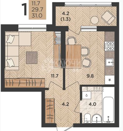 Продажа 1-комнатной квартиры 30 м², 9/24 этаж