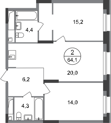 64,1 м², 2-комн. квартира, 15/20 этаж