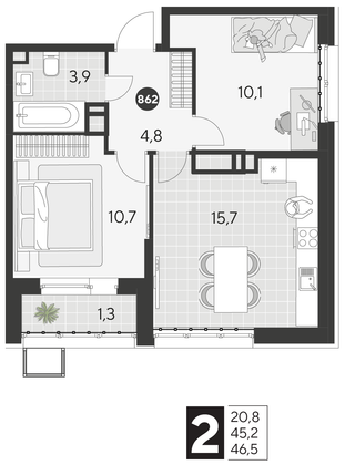 Продажа 2-комнатной квартиры 46,5 м², 5/21 этаж