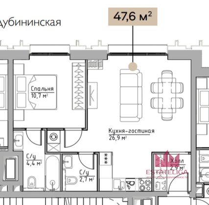 Продажа 1-комнатной квартиры 47,6 м², 24/42 этаж