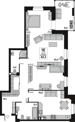 86,3 м², 3-комн. квартира, 4/6 этаж