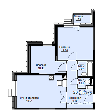 Продажа 2-комнатной квартиры 59,8 м², 6/17 этаж