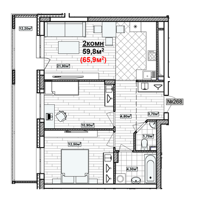 Продажа 2-комнатной квартиры 65,9 м², 3/19 этаж