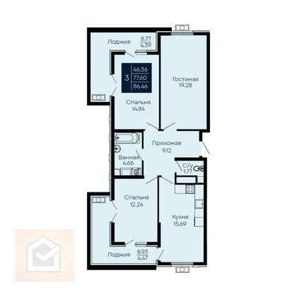 Продажа 3-комнатной квартиры 86,5 м², 12/14 этаж