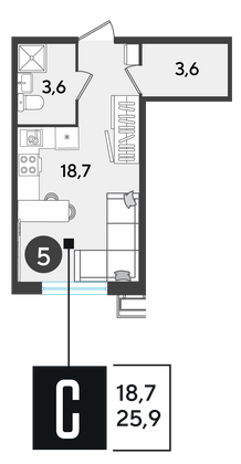 Продажа квартиры-студии 25,9 м², 2/9 этаж