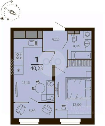 Продажа 1-комнатной квартиры 38,3 м², 6/7 этаж