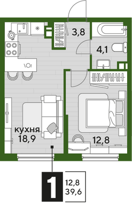 Продажа 1-комнатной квартиры 39,6 м², 5/16 этаж