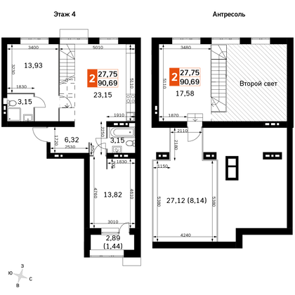 90,7 м², 2-комн. квартира, 4/4 этаж