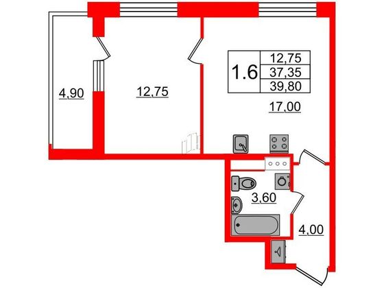 Продажа 1-комнатной квартиры 37,3 м², 9/12 этаж